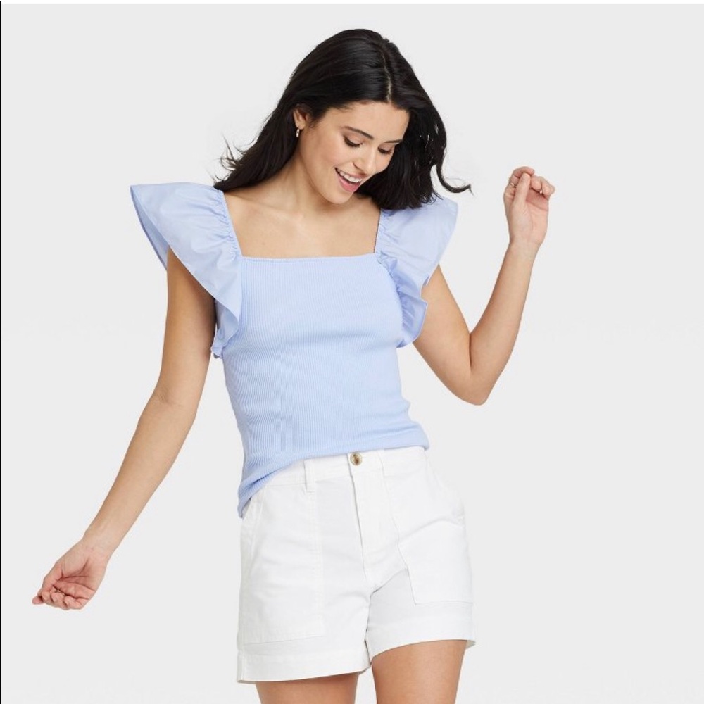 NWOT - A New Day - Square Neck Ruffled Shoulder Top - Light Blue - Medium